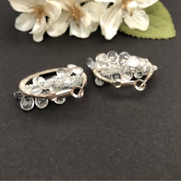 Clear Bead Crystal Moonstone Silver Tone Wired Faux Pearl Hoop Earrings - Picture 3 of 3